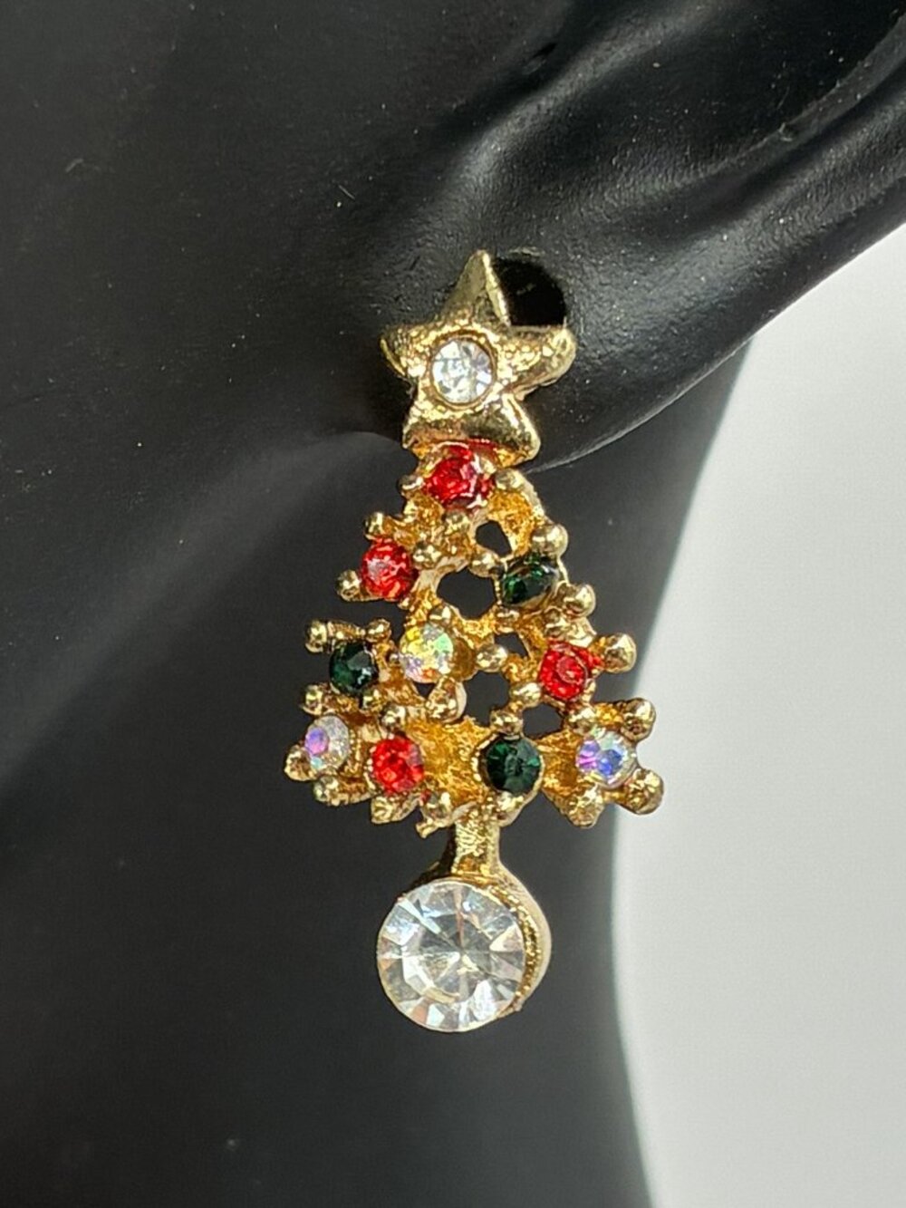 1" Gold Christmas Tree Earrings: Red, Green, Crystal Accents